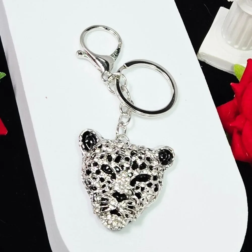 Silver Leopard Head Rhinestone Bag Charm Keychain Black Crystal Animal Keyring